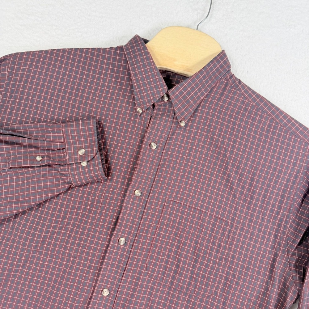 Van Heusen Button Down Mens XL Burgundy Navy Grid Check Wrinkle Free Shirt
